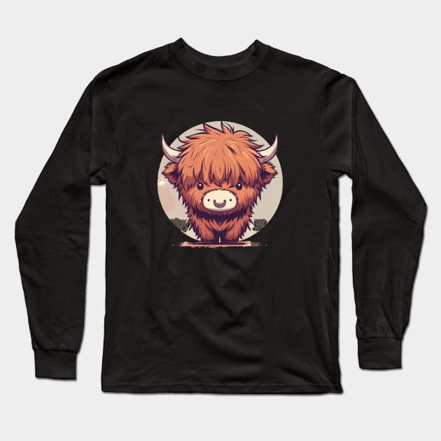 Kawaii Scottish Hairy Highland Cow Long Sleeve T-Shirt by TomFrontierArt